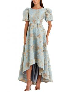 Mac Duggal Бархатное платье с буфами на рукавах и асимметричным подолом, металлик