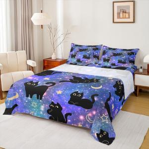 Erosebridal Комплект постельного белья Black Cat с галактическим звездным небом и милыми котятами, фиолетовый разноцветный, Pruple Black