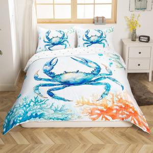 Erosebridal Комплект постельного белья Crabs Duvet Cover Toddler с морским принтом в голубых и оранжевых тонах, Blue Orange
