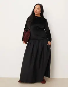 Платье макси ASOS DESIGN Curve из бархата с юбкой из поплина в цвете «полночно-черный»