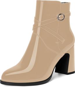 Женские ботильоны WAYDERNS с пряжкой, для свиданий, с круглым носком, лакированные, с ремешком на щиколотке, на устойчивом высоком каблуке 3,3 дюйма, Beige