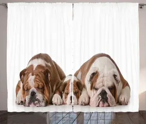 Штора ABAKUHAUS Бульдог в деревенском стиле, фотография трех поколений собак, присборенная штора для спальни с петлями и крючками, 280 x 225 см, умбра и белый Abakuhaus
