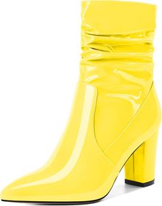 Женские свободные ботильоны Mettesally с высокими массивными каблуками, заостренным носком, боковой молнией, каблук 3,5 дюйма, полусапожки для платья, Patent Yellow