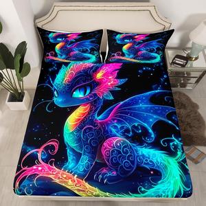 Erosebridal Фиттед простыня Little Dragon с милыми джунглевыми животными, мультяшными птерозаврами и тропическими рептилиями, Black Blue Green Purple