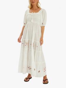 Вышитое платье макси с буфами на рукавах и присборенным лифом Accessorize, Ivory