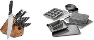 Calphalon Classic набор кухонных ножей с самозатачивающимся блоком, 12 предметов, ножи из высокоуглеродистой стали и набор антипригарной посуды для выпечки, 10 предметов, включает противень, серый