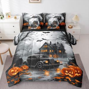 Erosebridal Комплект постельного белья Happy Halloween Pumpkin Lantern с черными летучими мышами и животными, Black Grey Orange