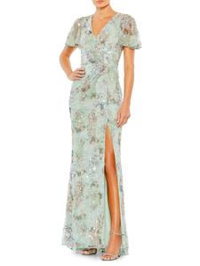 Платье-футляр с рукавами-бабочками и пайетками Mac Duggal, цвет Sea Mist Multi