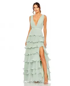 Женское платье без рукавов с рюшами и многоярусным вырезом V-образной формы Mac Duggal, зеленый