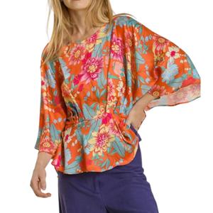 Футболка с цветочным принтом и баской в мандариновом цвете Umgee, Tangerine