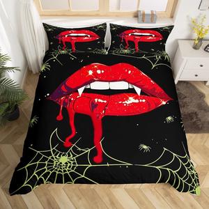 Erosebridal Комплект постельного белья Gothic Halloween с 3D принтом красных губ и паутиной, двусторонний красно-зеленый, Red Green