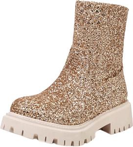 LYYSKY Женская мода Ботильоны на низком каблуке 4,5 см с боковой молнией, пайетки, короткие ботильоны на платформе, повседневные уличные ботинки, Gold