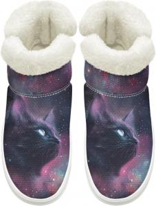 Зимние Ботинки на Легком Надевании для Женщин и Мужчин с Эластичной Липучкой у Щиколотки, Пушистые Снежные Ботинки с Меховой Подкладкой, Удобные, Нескользящая Подошва Cugasmaru, Cat Purple Galaxy