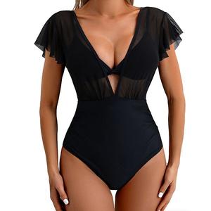 Женский купальник V-образного выреза с рюшами, коротким рукавом, 3 детали, прозрачная вставка спереди, вырез, регулируемые бретели Clearflower, Black
