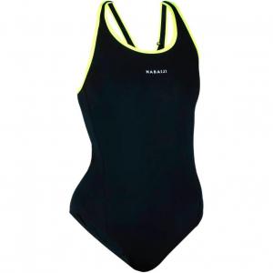 Купальник сплошной женский Дымчато-черный/Неоново-желтый DECATHLON