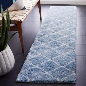 Ковер-дорожка SAFAVIEH, 61 x 275 см, Tahoe Shag Collection - Blue & White, узор Trellis, без линьки и простой в уходе, идеален для помещений с высокой проходимостью в гостиной, спальне (THO676M)