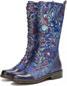Женские ковбойские сапоги Aceptolcom с широкой голенью, вышитые цветами сапоги средней длины, деревенские сапоги, рыцарские сапоги, вестерн сапоги, Blue