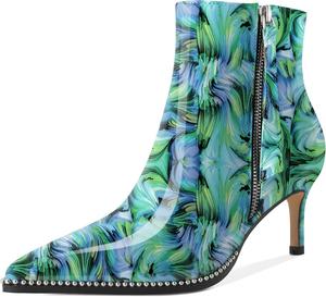 Younton Женские сапоги с низким каблуком, заостренный носок с бусинами, короткие сапоги, молния, каблук-кошечка, 6,3 см