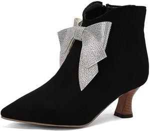 Женские замшевые ботильоны с бантом и стразами, на каблуке-китен, с боковой молнией, модные, с комфортным острым носком и невысоким каблуком, короткие ботинки для осени и зимы, для улицы и нарядного образа LVOMU, Black