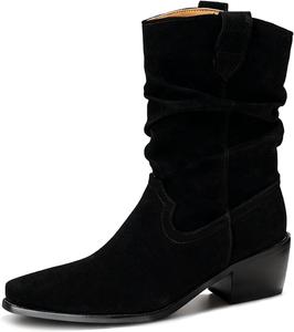 Женские замшевые ботильоны вестерн, ковбойские ботильоны с заостренным носком, средний каблук, без застежки, короткие ковбойские ботинки Generic, Black