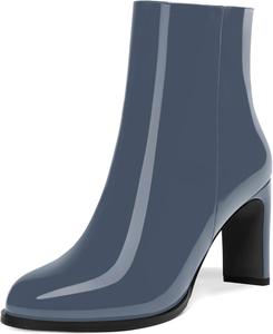 Женские ботильоны с круглым носком из лакированной кожи с молнией, на высоком каблуке 3,3 дюйма DEMOSHINE, Midnight Blue