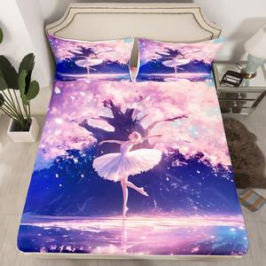 Erosebridal Комплект постельного белья Ballet Kids розовый кавай с балеринами и цветущей сакурой, Pink Purple White