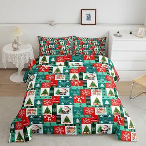 Erosebridal Комплект постельного белья King с новогодним принтом: елки, Санта-Клаус, снежинки и колокольчики в красно-зеленой клетке, Multi 12