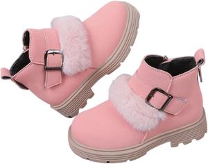 Детские зимние ботинки для девочек на снег из замши с пряжкой, плюшевой подкладкой, короткие ботинки с плоской подошвой, нескользящие с боковой молнией Generic, Pink