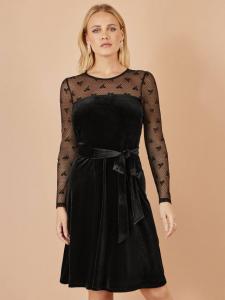 Вельветовое платье с сетчатыми вставками и бантом Yumi, Black