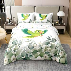 Erosebridal Комплект постельного белья Cute Bird с мультяшными животными из 100% хлопка, минималистичный дизайн с эвкалиптом для детей, Dark Sea Green White