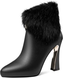 Женские ботильоны TinaCus на высоком каблуке с платформой из натуральной кожи, с острым носком, застежкой-молнией сзади и меховой отделкой, ручная работа, Black