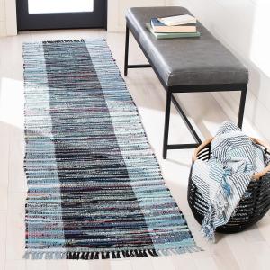 Ковер-дорожка SAFAVIEH, 69 x 275 см, Rag Rug Collection, Navy & Blue, ручной работы, бохо полоска, хлопок, идеально для помещений с высокой проходимостью в гостиной, спальне (RAR122N)