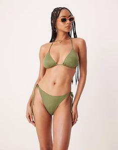 Текстурированные плавки бикини Stradivarius с завязками по бокам цвета хаки
