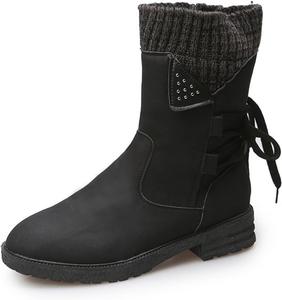 Женские зимние сапоги UOQAPRE до середины икры, утепленные мехом, широкие для голени, слипоны, модные ботинки, боевые, для верховой езды и военные, Black-01
