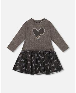 Двухслойное платье для девочек младшего возраста, черное, с сетчатой юбкой и сердечком - для малышек/детей Deux par Deux, Black
