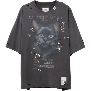 Футболка с принтом кошки, декоративными элементами и потертостями Maison Mihara Yasuhiro, черный