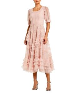 Короткий рукав, сетчатое платье миди с микрооборками Mac Duggal, розовый