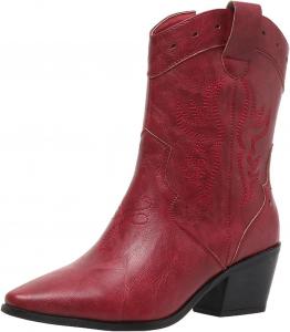 Женские ковбойские ботинки с вышивкой, короткие западные ботинки с массивным каблуком, боковой молнией и винтажной щиколоткой Generic, Wine