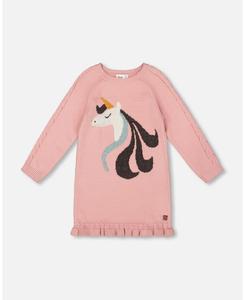 Вязаное платье для девочки, пыльно-розовое, с интарсией в виде единорога - для малышей/детей Deux par Deux, Dusty pink