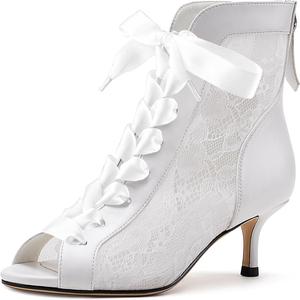 Женские сетчатые кружевные ботильоны на шнуровке, сапожки до щиколотки, свадебная обувь с открытым носком, туфли на невысоком каблуке, праздничные обувь для дня рождения Pixoecuty, White