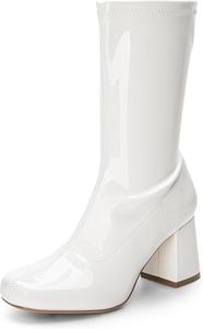 Женские сапоги DREAM PAIRS до середины голени с низким широким каблуком, квадратным носком и молнией, для вечеринок, косплея и танцев, White-Pat-1