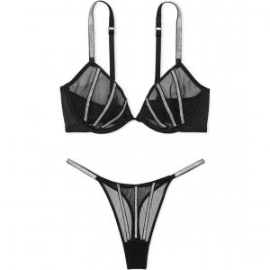 Очень сексуальный комплект нижнего белья с камнями Victoria's Secret полупрозрачный блестящий глубокий вырез черный