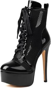 Bapolee Женские черные сексуальные сетчатые ботильоны с закрытым носком, на шнуровке, дышащие, на платформе и высоком каблуке