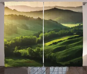 Летняя штора в деревенском стиле ABAKUHAUS Восход солнца над горами, универсальная ленточная штора для гостиной с петлями и крючками, 280 x 225 см, зеленый с разноцветным узором Abakuhaus