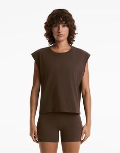 Футболка без рукавов Oysho из хлопковой смеси, бесшовная, темно-коричневого цвета