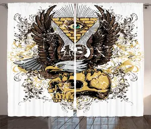 Штора ABAKUHAUS Tattoo Rustic, американский орел на черепе, универсальная ленточная штора для гостиной с петлями и крючками, 280 x 245 см, коричнево-белая Abakuhaus