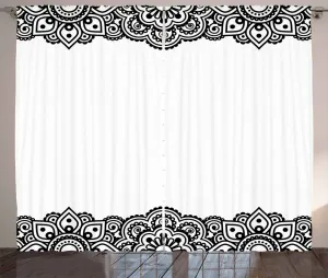 Аутентичная штора в деревенском стиле ABAKUHAUS с фольклорными восточными завитками, универсальная ленточная штора для гостиной с петлями и крючками, 280 x 225 см, белый и черный Abakuhaus