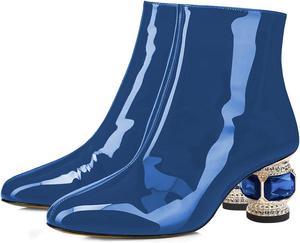 Женские ботильоны FSJ с круглым носком, камнями, невысоким каблуком, модные, с боковой молнией, повседневные, для выпускного, туристические, размеры 37-44, Blaues Lackleder