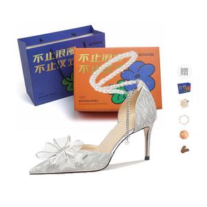 Тонкие Каблуки Женские Высокие Каблуки Серебристые WOXXXN, Серебристый 8 см [Подарочный Набор] + Подарок