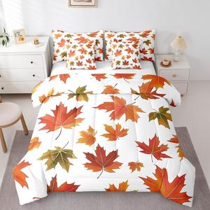 Erosebridal Комплект постельного белья Maple Leaf Full Size с утеплителем, ботанический принт листьев, всесезонный, Orange White